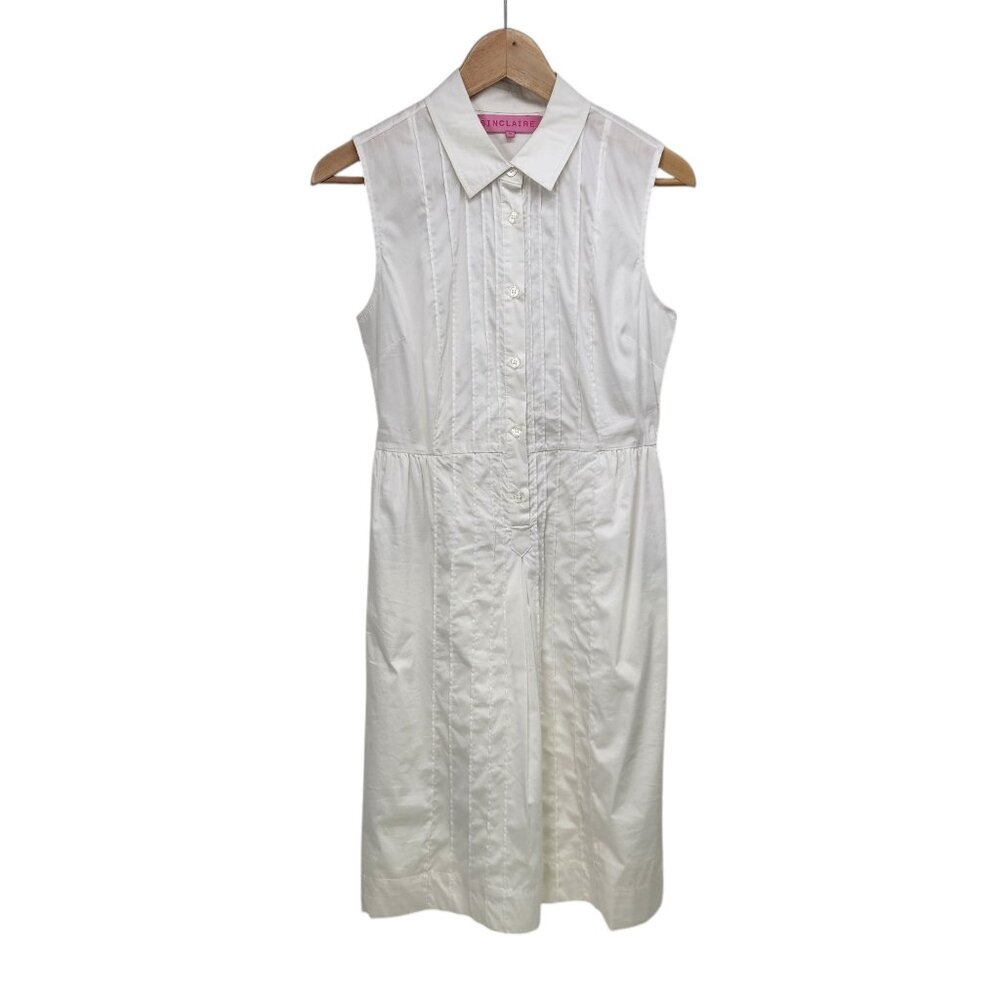 Sinclaire Sleeveless Shirt Dress Womens 6 White Cotton Blend Pleated Button‎ Up